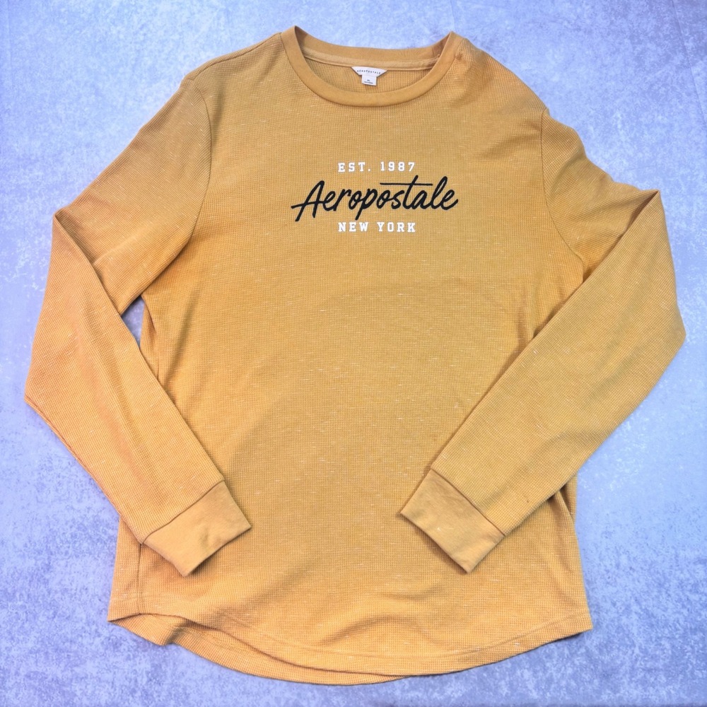 Aeropostale Thermal Shirt Logo Long Sleeve Waffle Knit XL Mustard Yellow